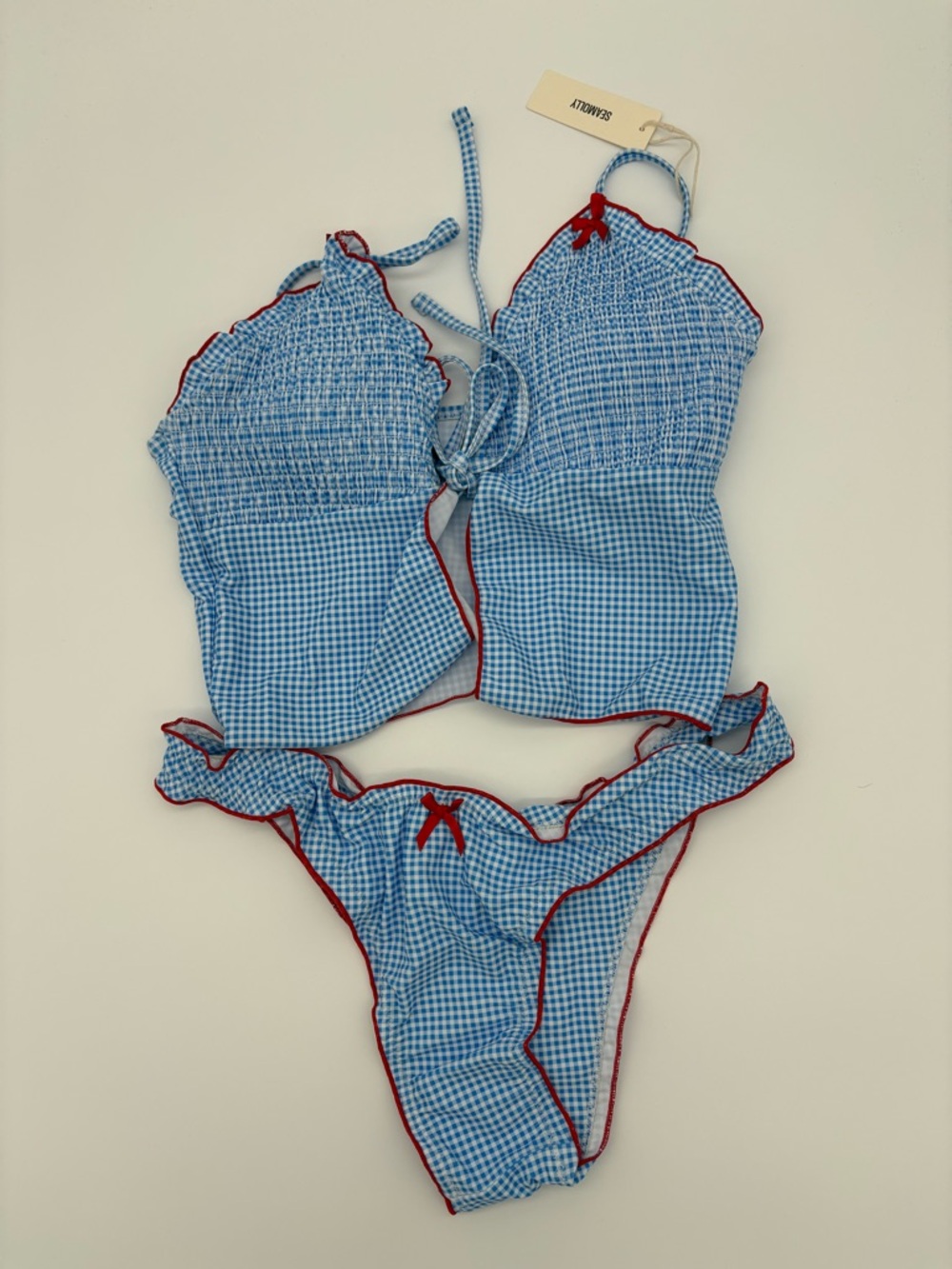 Blue Gingham Two-Piece Swim Set with Red Trim NWT
